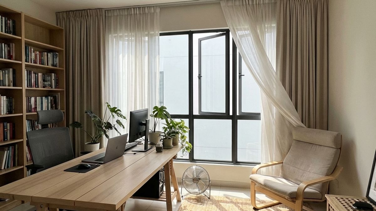 Clean, organized home office with good air circulation and natural light