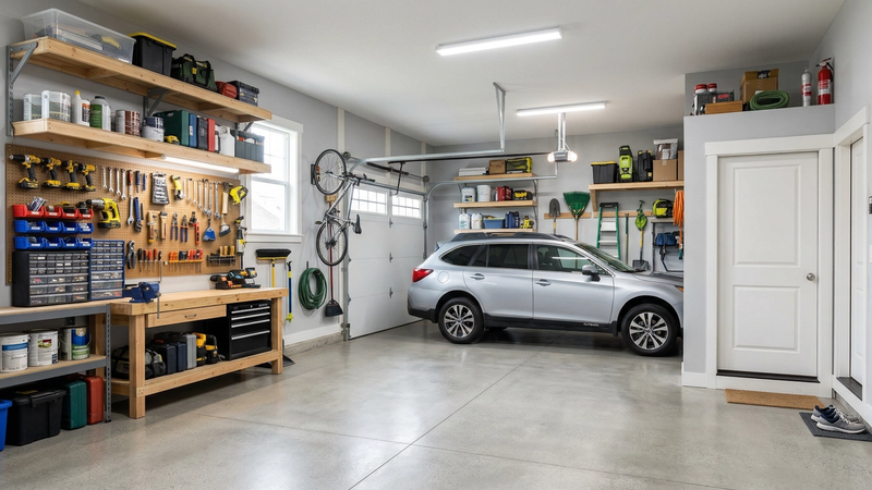 Attached garage interior with connection to home