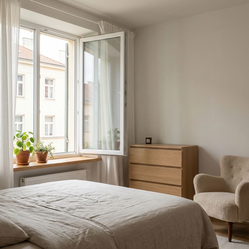 Bedroom window slightly open for fresh air circulation during sleep