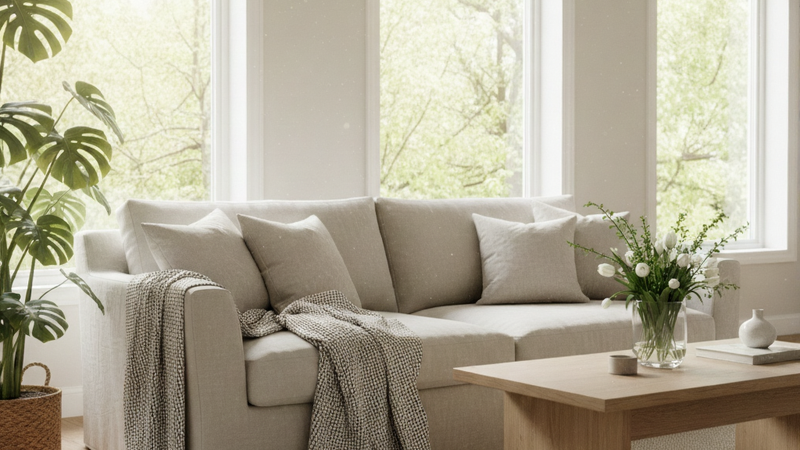 Fresh spring home interior with window and air purifier for reducing indoor pollen