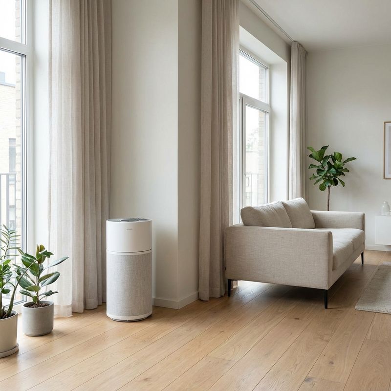 Air purifier positioned in corner of living room for optimal circulation