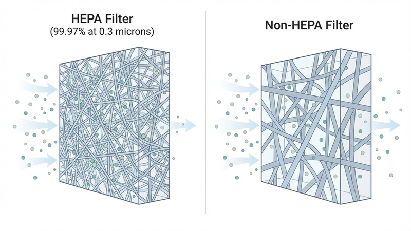 HEPA vs non-HEPA filter comparison showing particle capture differences