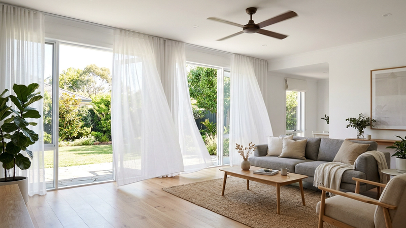 Bright modern living room with floor-to-ceiling open sliding doors, sheer curtains moving in a breeze, and a ceiling fan above