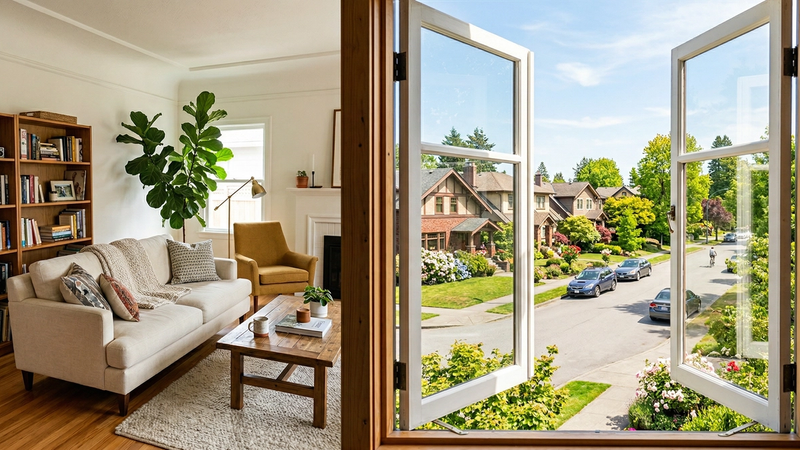 Indoor living room next to a view of outdoor fresh air through a window