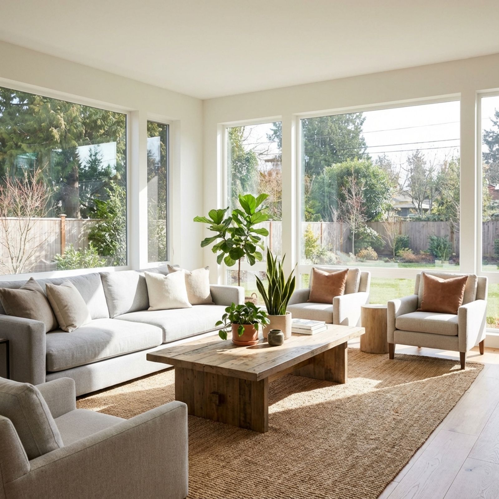 Bright, clean modern living room with natural light and comfortable furnishings