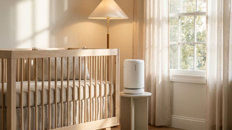 Clean, bright nursery with crib and air purifier for healthy air quality