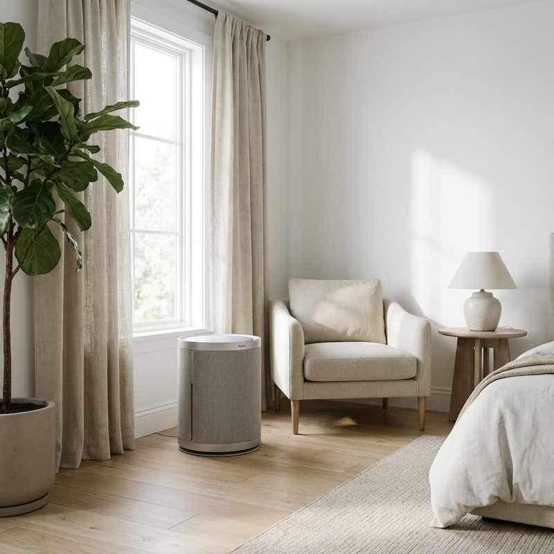 Air purifier running in corner of peaceful bedroom