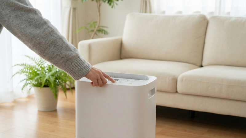 Close-up of a homeowner's hand adjusting the settings on a modern white dehumidifier in a sunlit living room, with a beige sofa and potted fern in the soft-focus background.