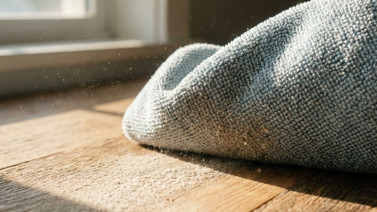 Cleaning dust from wooden surface with microfiber cloth