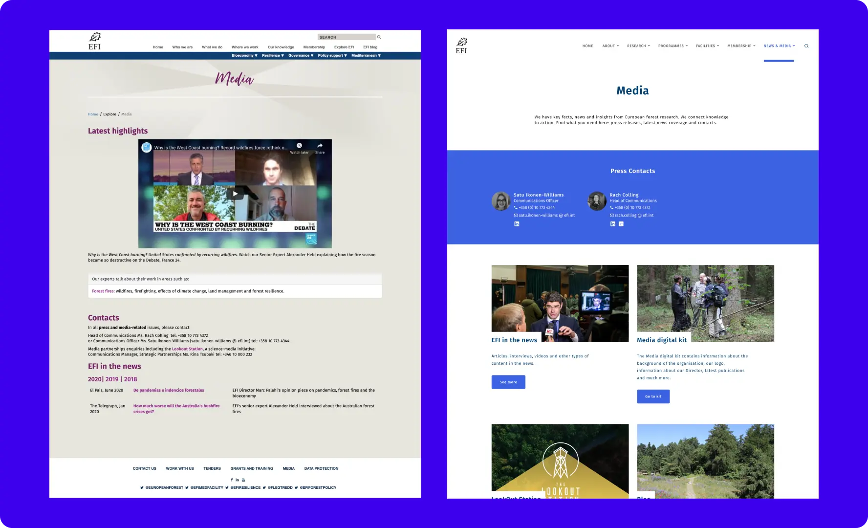 Two pages related to the website, namely the older one on the left and the present one on the right