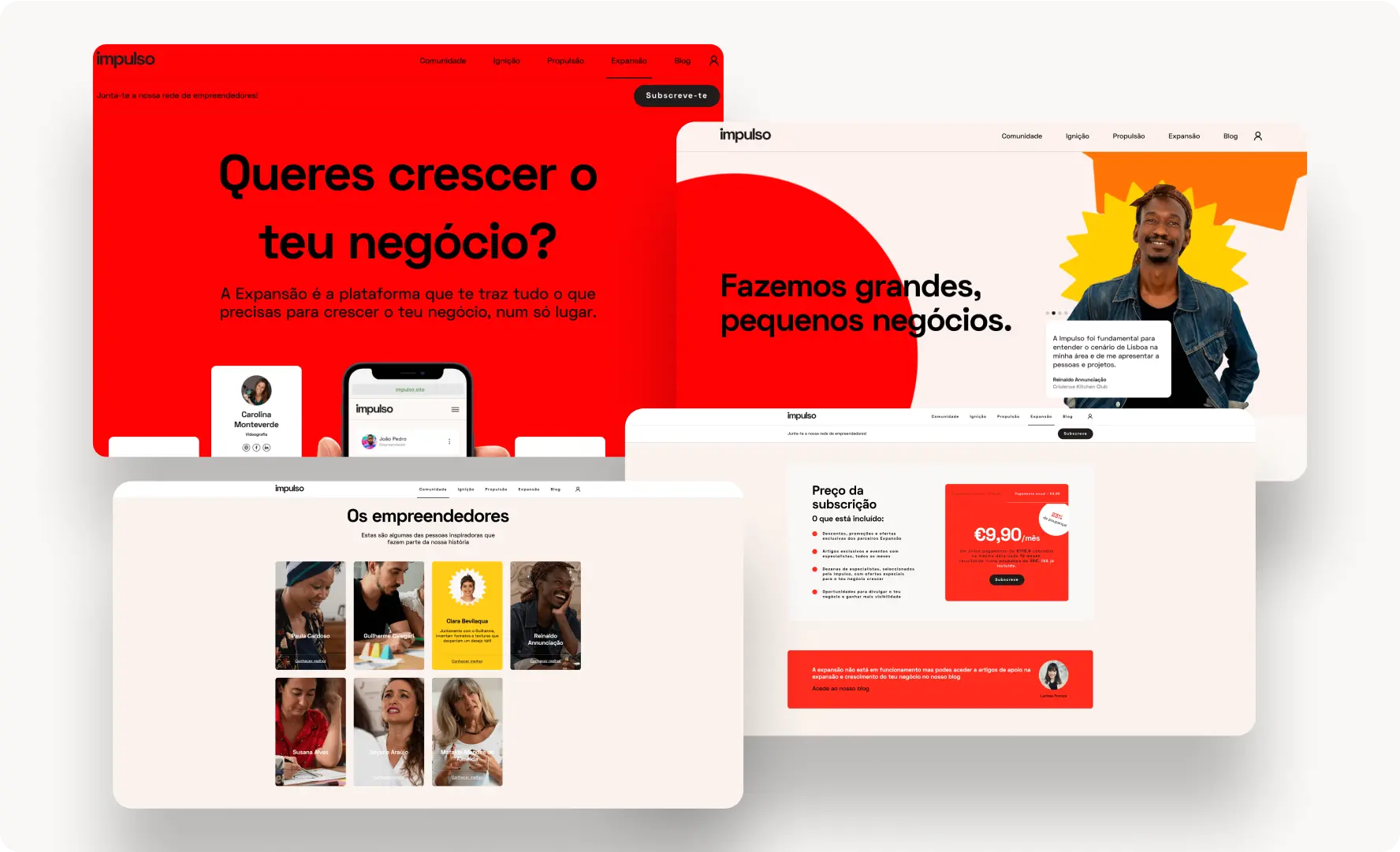 Three mockups of the Impulso website