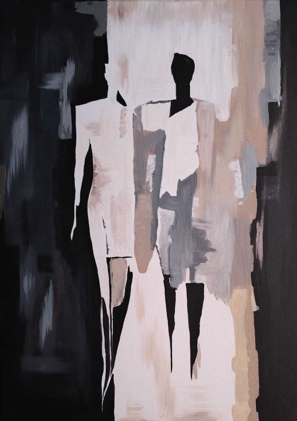 Abstract painting of two human figures in a dark composition, with black, gray, white, and beige tones.