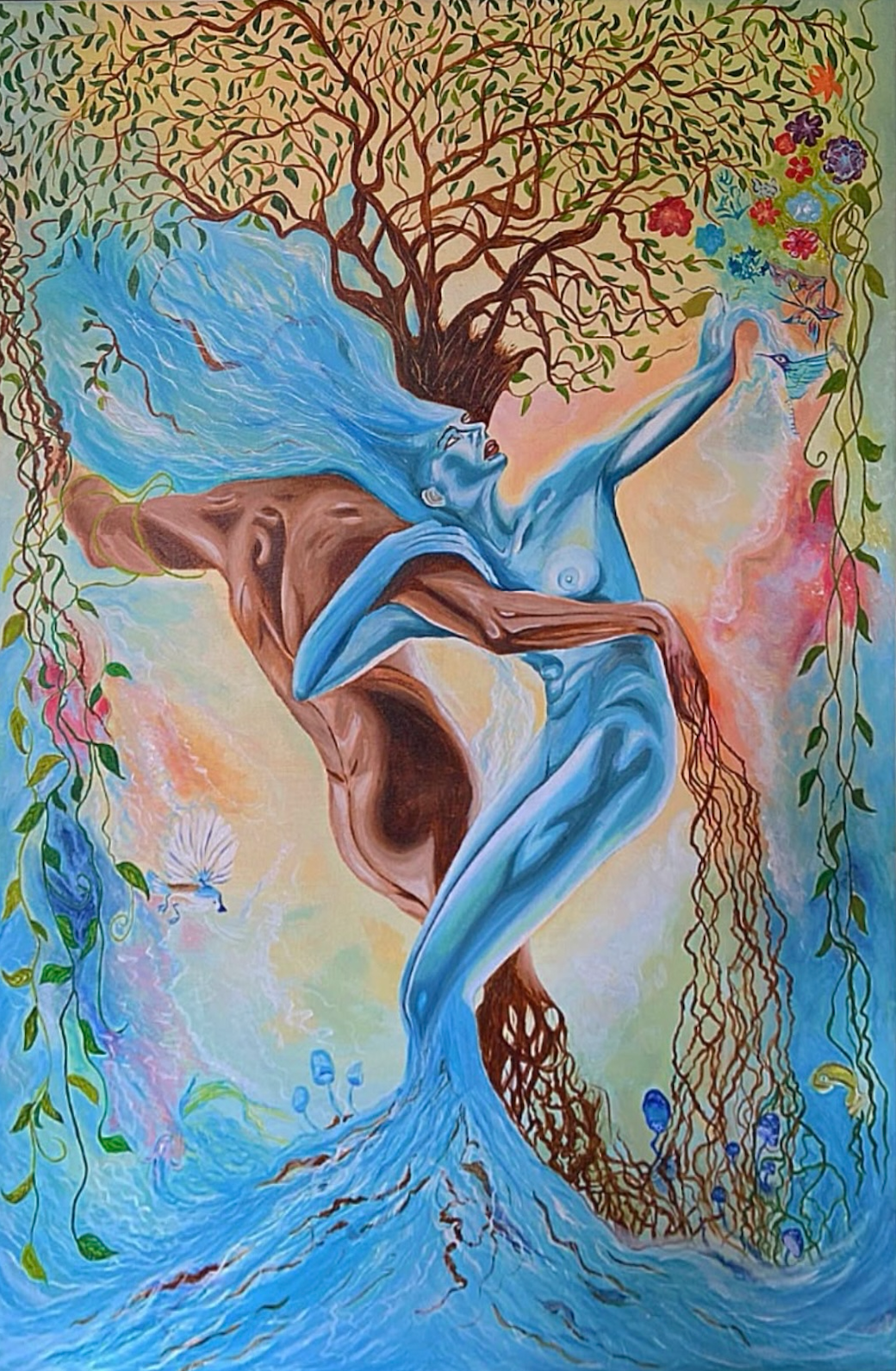 Painting of a blue-toned female figure merging with waves, a tree, roots, branches, and flowers.