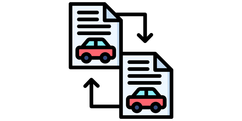 Ícone ilustrando transferência de documentos de veículo entre arquivos digitais, representando transferência veicular e processos online automotivos
