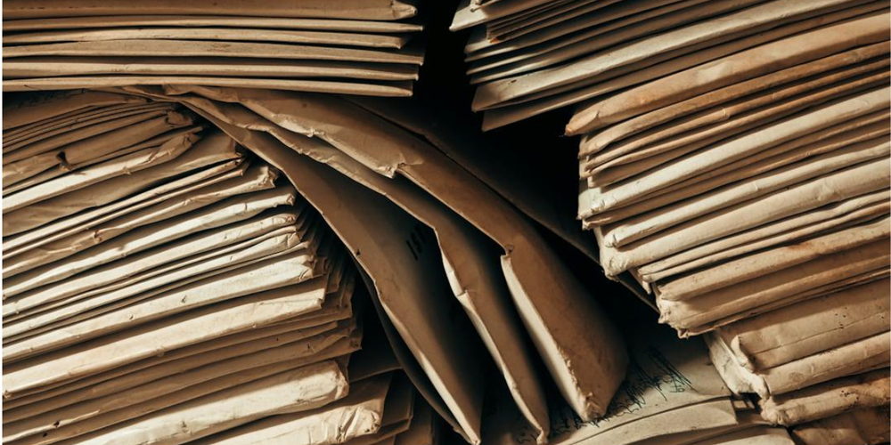 Pilhas densas de envelopes e pastas de papel pardo antigas, com bordas desgastadas e sinais de manuseio, organizadas de forma irregular em um arquivo