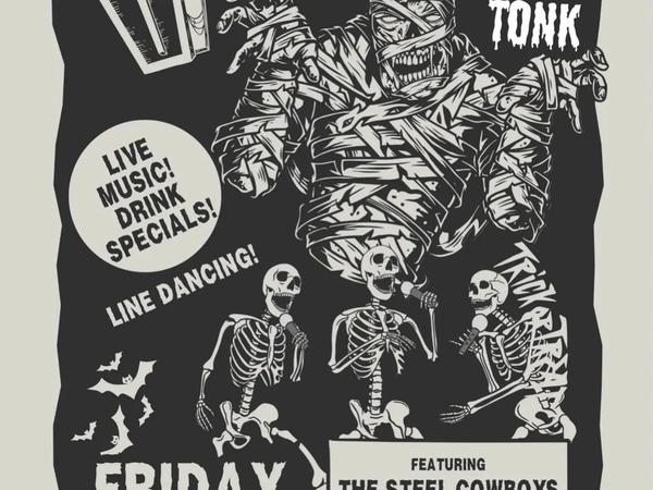 Zombie Tonk poster: a bandaged mummy and three singing skeletons, Friday Oct. 30, 7 to 11 p.m. at Spirit Hall, featuring The Steel Cowboys