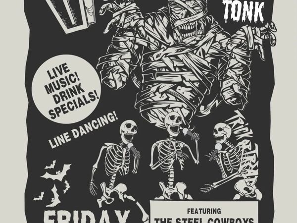 Zombie Tonk poster: a bandaged mummy and three singing skeletons, Friday Oct. 30, 7 to 11 p.m. at Spirit Hall, featuring The Steel Cowboys