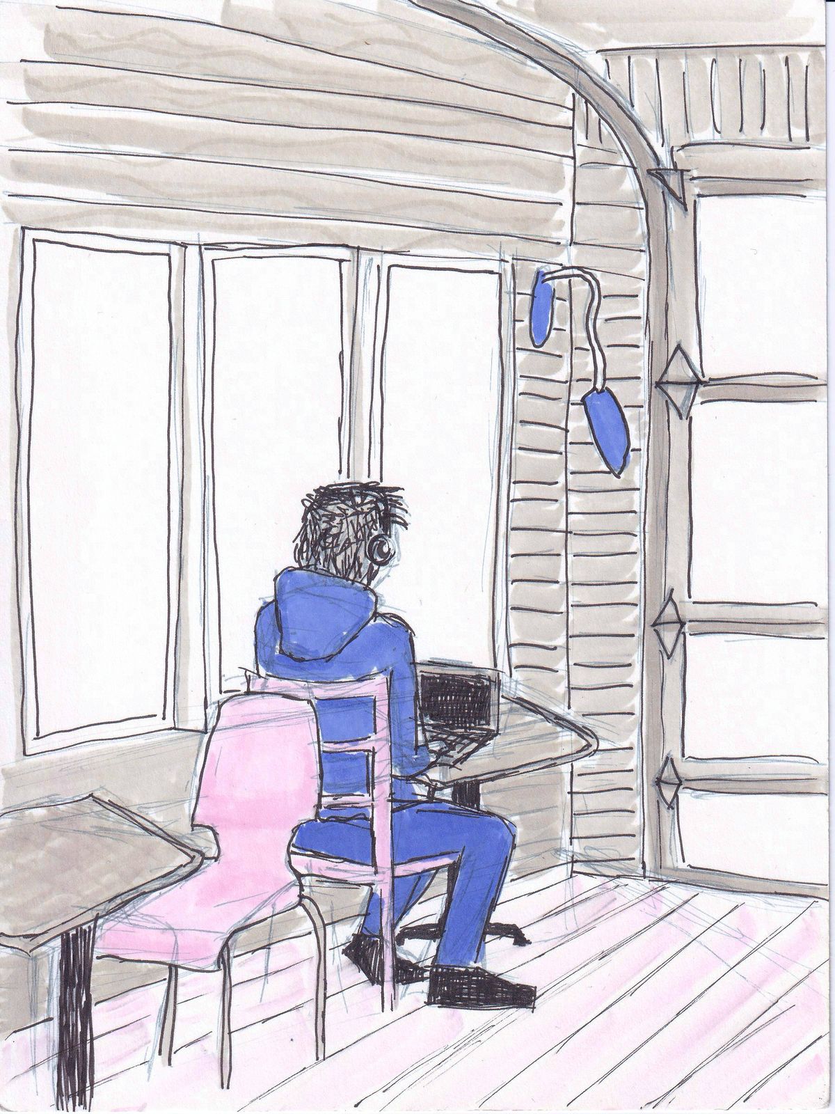 some guy on a laptop at wanda's pie in the sky
