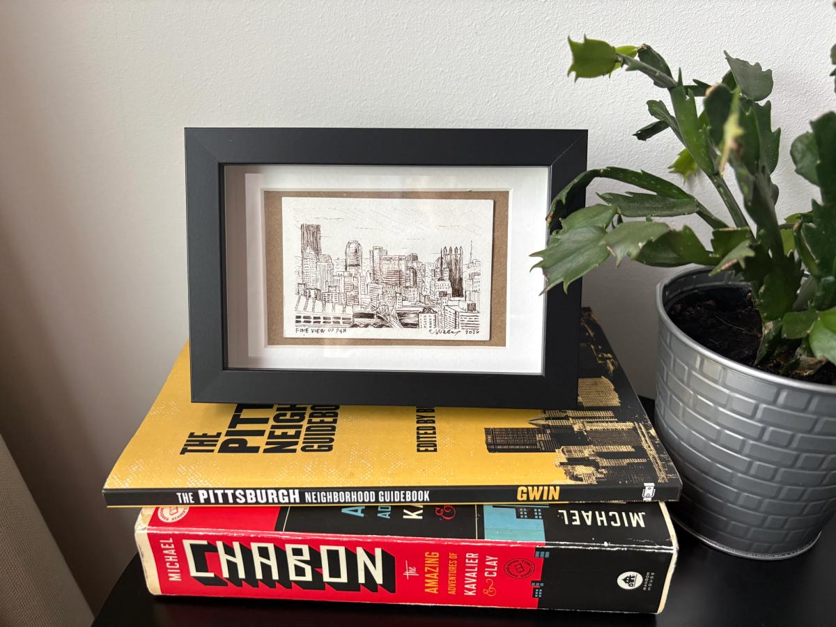 Framed original ink drawing of the Pittsburgh skyline from Fineview