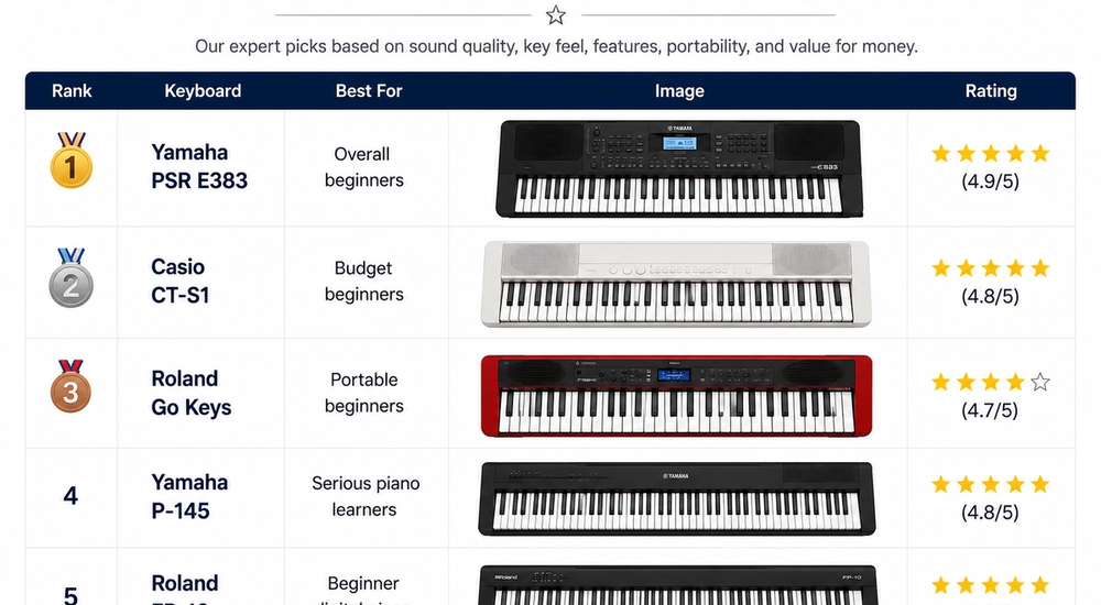 Comparison table of the top 5 beginner keyboards and digital pianos in 2026 with ratings and recommended use cases.