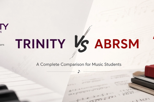 Trinity College London vs ABRSM logos on a banner comparing the two music exam boards