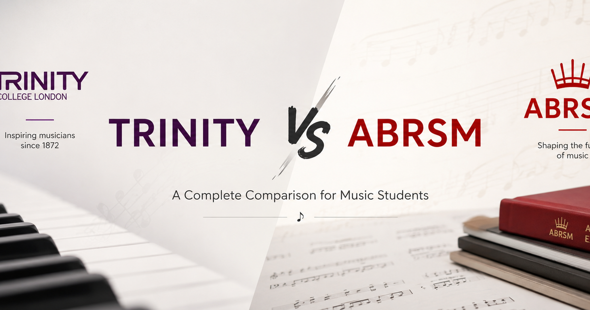 Trinity College London vs ABRSM logos on a banner comparing the two music exam boards