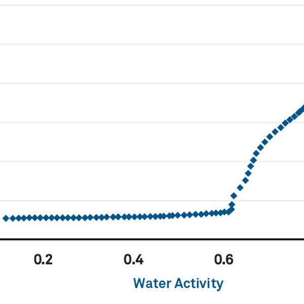 Abbildung 1: Die kritische Wasseraktivität (der genaue Wendepunkt) für diese Getränkemischung beträgt 0,618 bei 25°C.