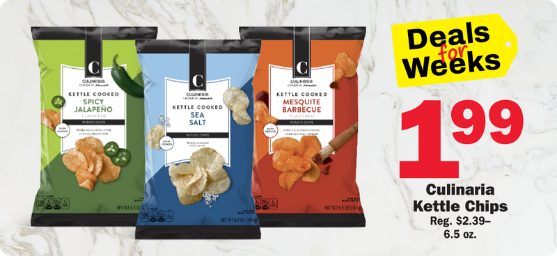A group shot of three kinds of Culinaria bags of chips along with a sale price of $1.99 each.