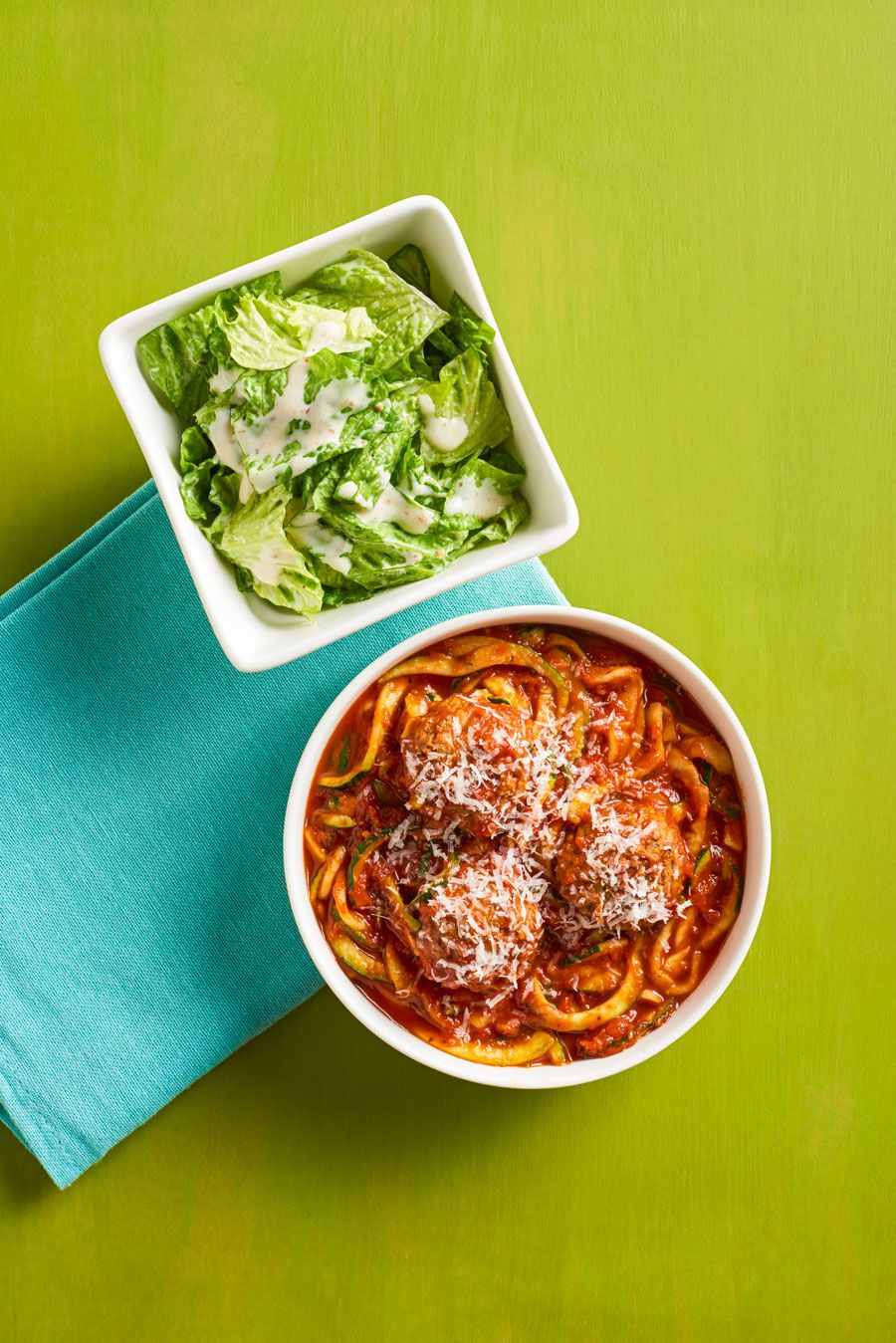 Meatless Meatballs and Zoodles with Side Caesar Salad