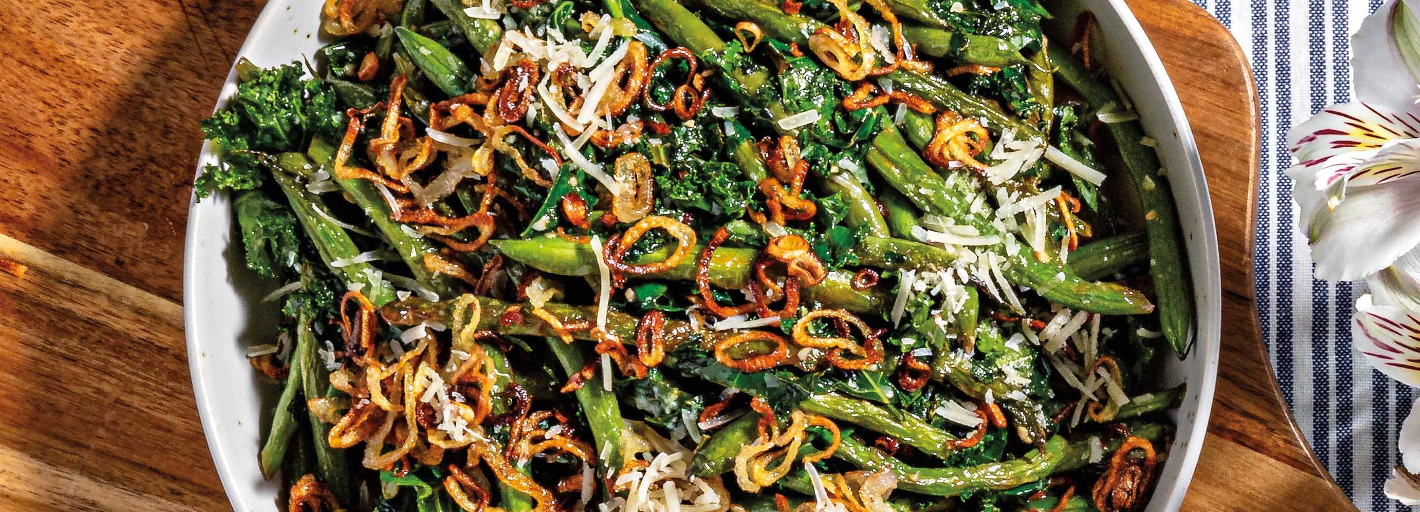 Greens & Green Beans with Fried Shallots