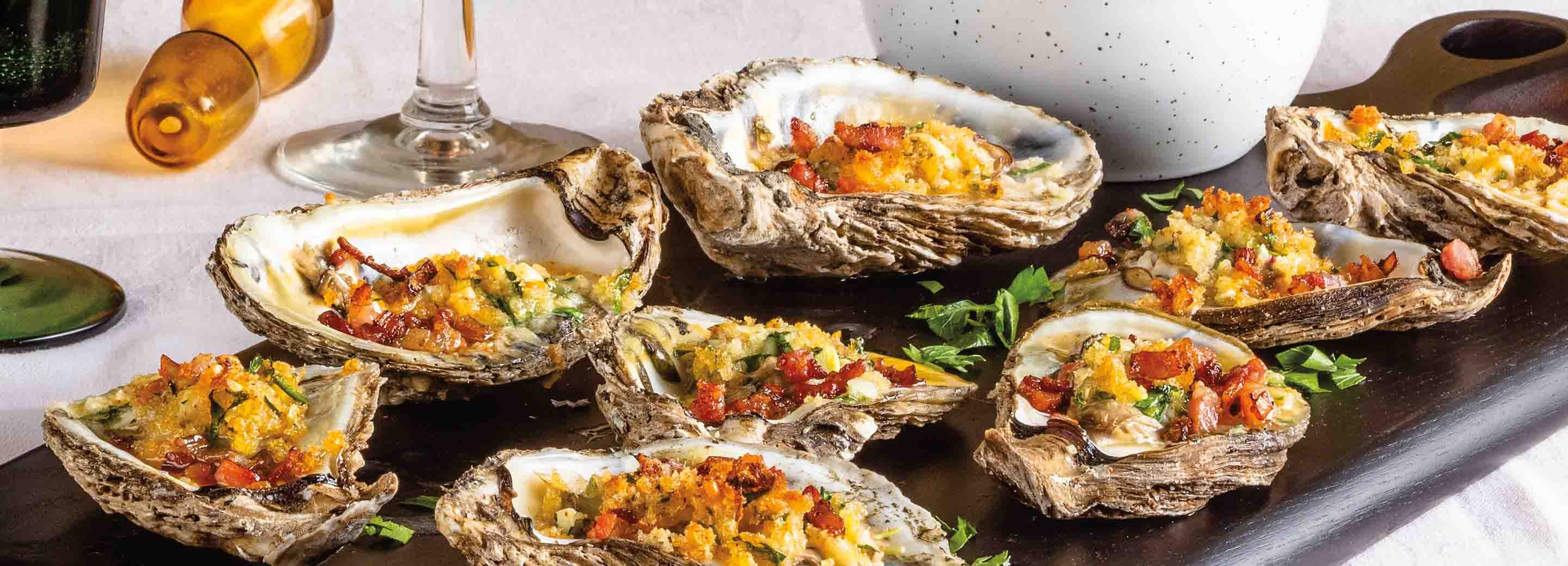 Garlic Parmesan Oysters with Crispy Panko + Pancetta