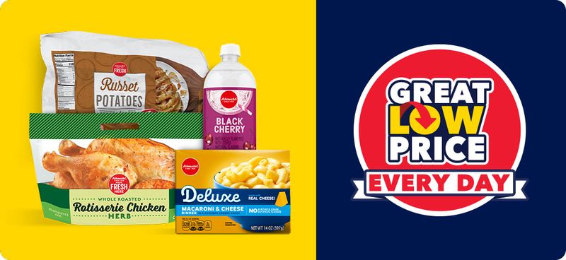 A group shot of a bag of russet potatoes, rotisserie chicken, flavored water, and mac and cheese with a Great Low Price Every Day logo.