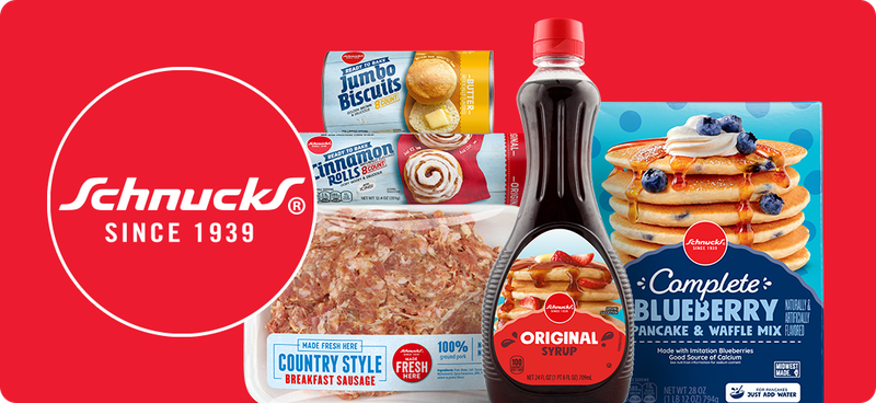 Schnucks syrup, blueberry pancake & waffle mix, cinnamon rolls, biscuits and country style breakfast sausage