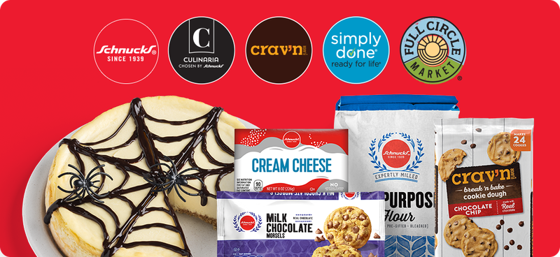 Spider web theme cheesecake with Schnucks All Purpose Flour, Milk Chocolate Chip Morsels, Cream Cheese and Crav'n Cookie Dough 