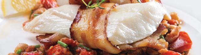 Bacon-Wrapped Cod over Chickpea Sauté