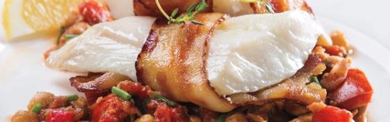 Bacon-Wrapped Cod over Chickpea Sauté