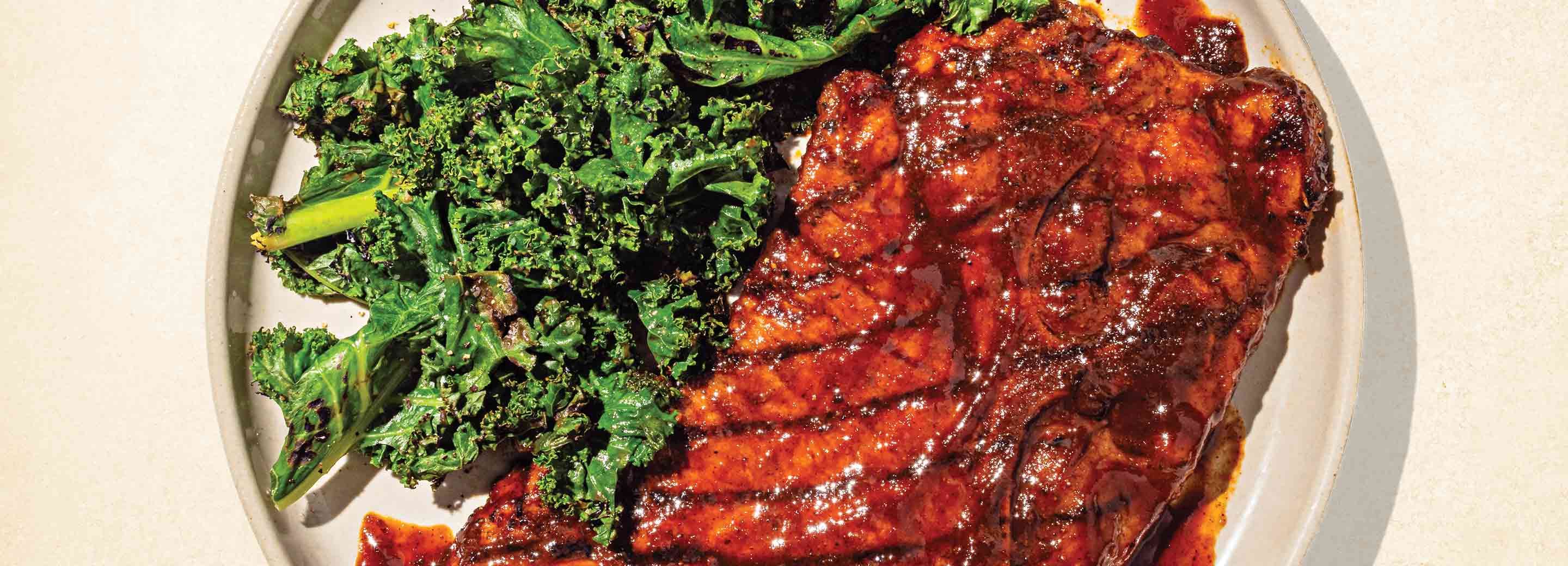 Speedy Pork Steak with Grilled Greens