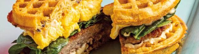 Egg, Sausage, Spinach Blueberry Waffle Sandwiches