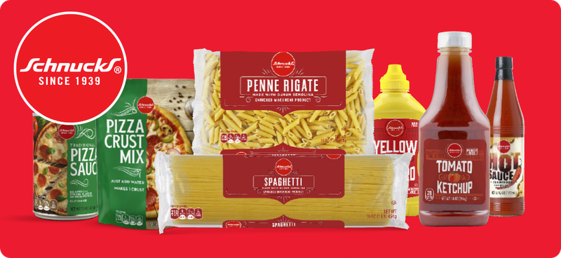 Schnucks brands pizza sauce, pizza crust mix, pasta, and condiments