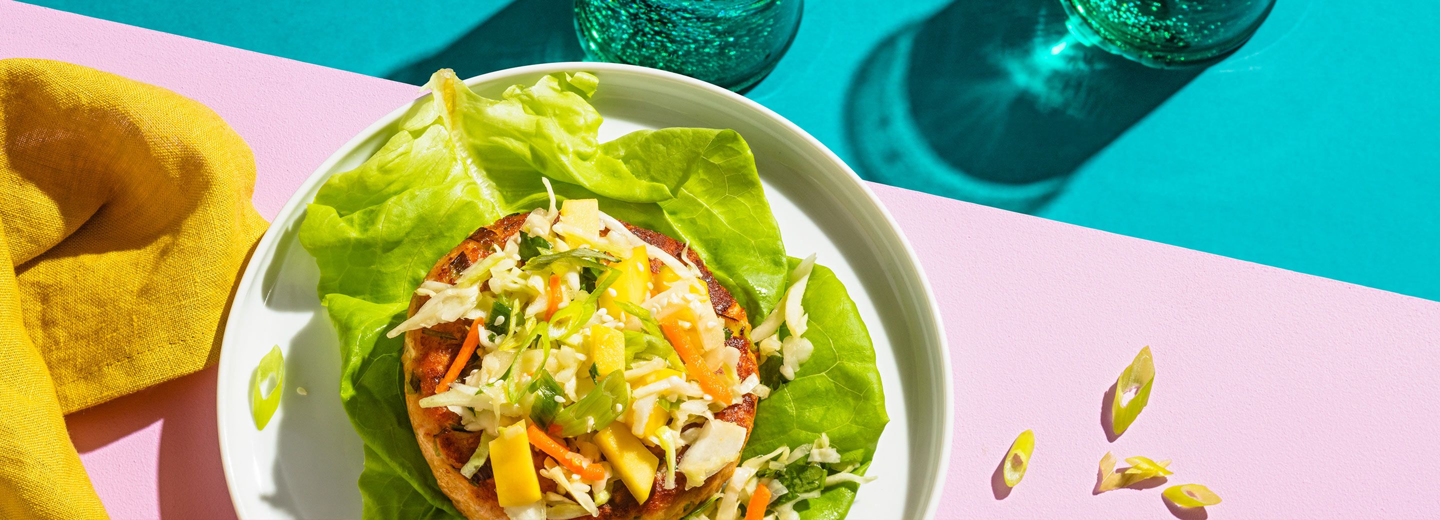Open-Faced Salmon Burgers with Mango Slaw