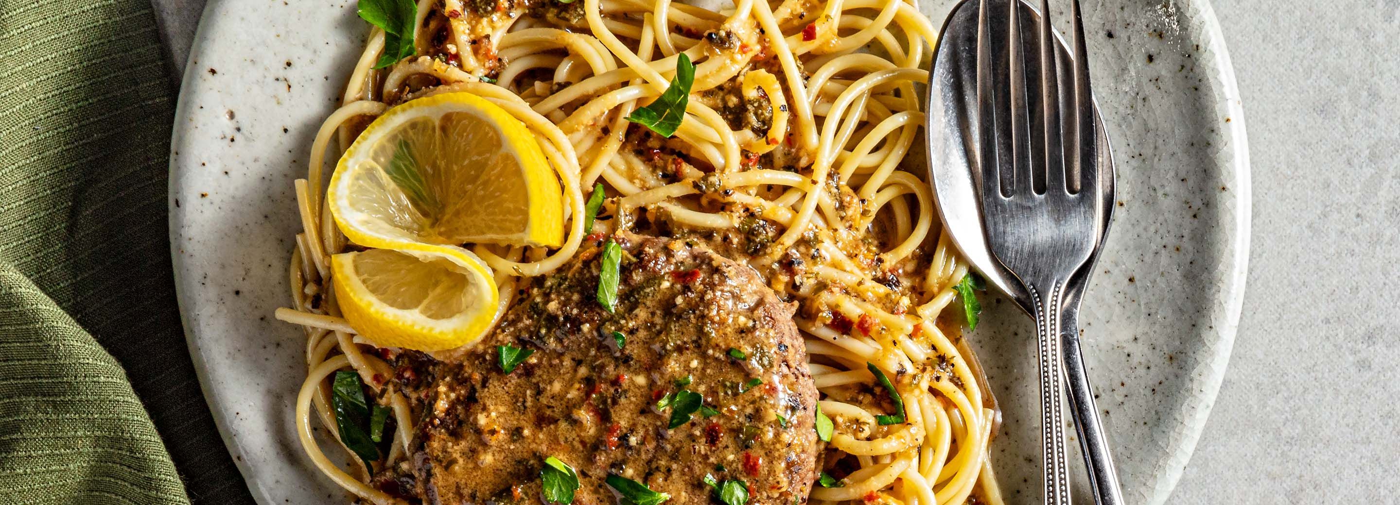 Ground Beef Patties with Garlic Lemon Noodles