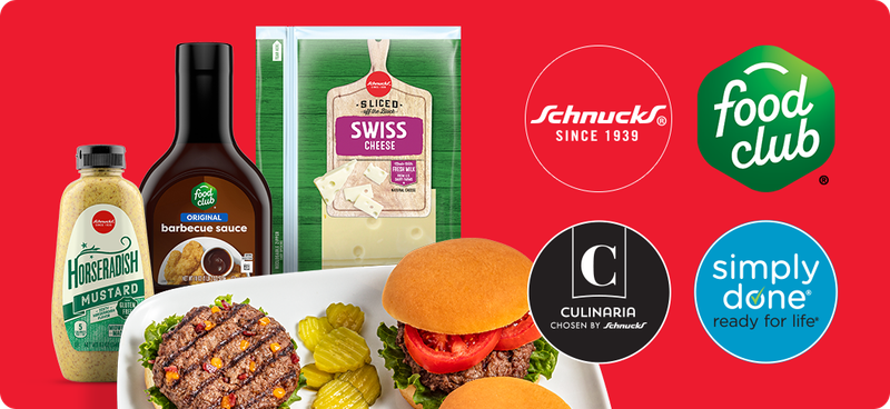 Schnucks swiss cheese, Schnucks horseradish sauce, Food club barbecue sauce and burgers