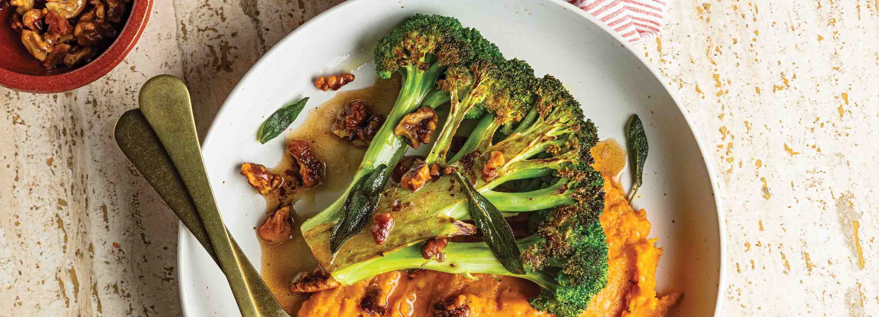 Brown Butter Broccoli Steaks with Sweet Potato Mash