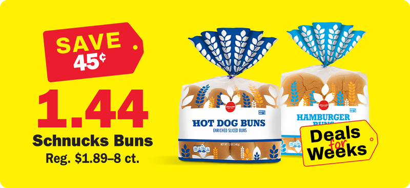 Schnucks hot dog and hamburger buns on sale for $1.44