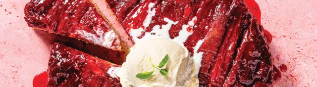 Raspberry Rhubarb Upside-Down Corn Cake