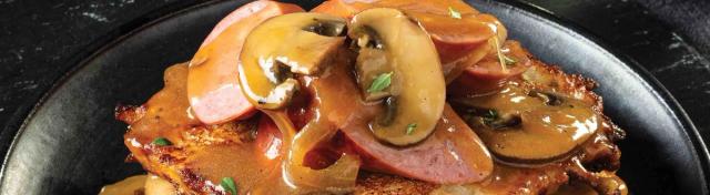 Potato Pancakes with Onion Gravy & Smoked Sausage