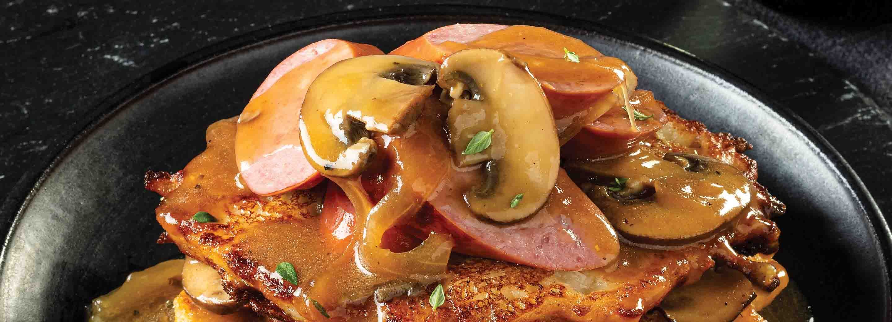Potato Pancakes with Onion Gravy & Smoked Sausage
