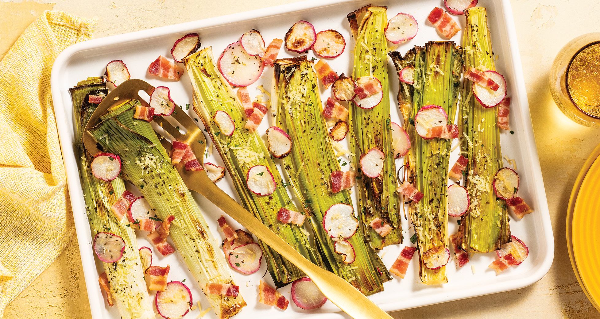 Parmesan-Bacon Roasted Leeks and Radishes