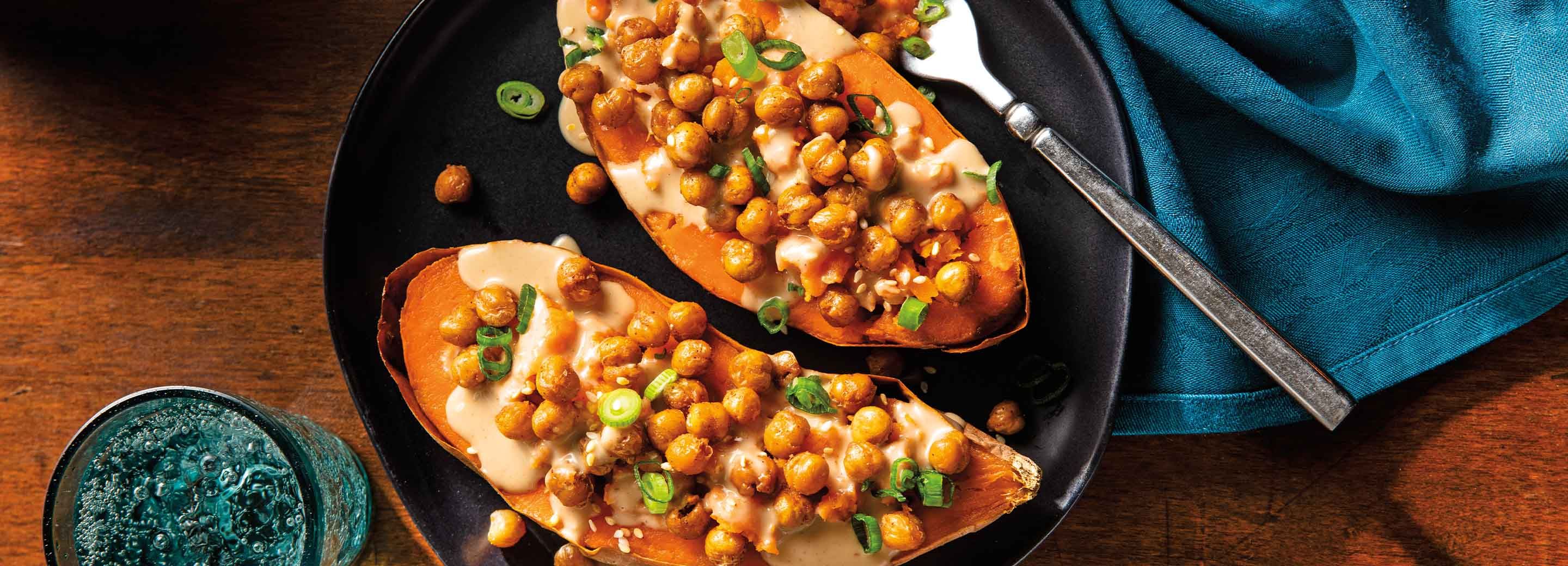 Satay Sweet Potatoes with Crispy Chickpeas