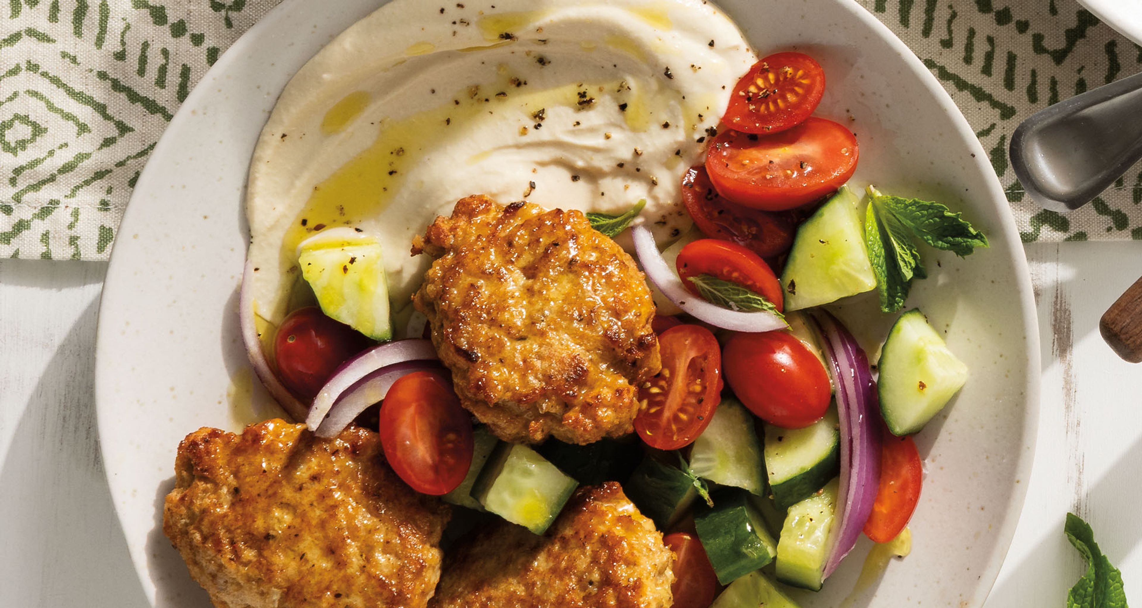 Chicken Koftas With Hummus and Crunchy Salad